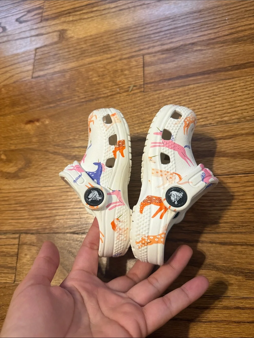 CROCS Kids White Clogs with Pink, Orange & Blue Deer Print